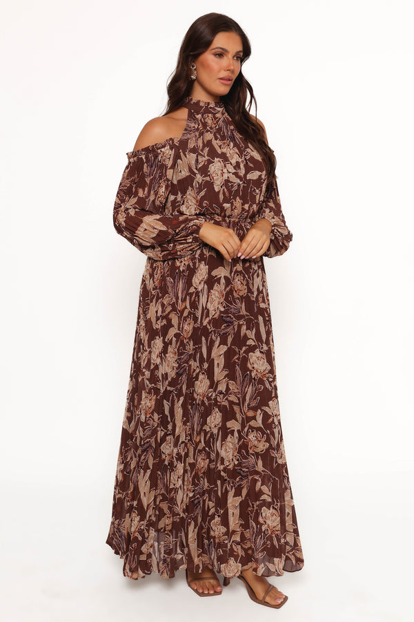 Hilary Pleated Maxi Dress - Brown Floral