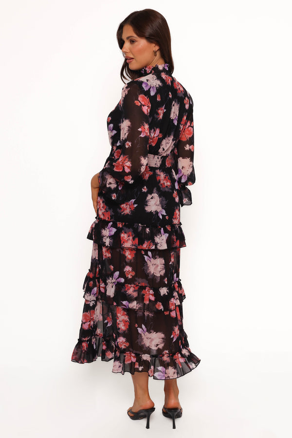 Isadora Long Sleeve Maxi Dress - Black Blurred Floral