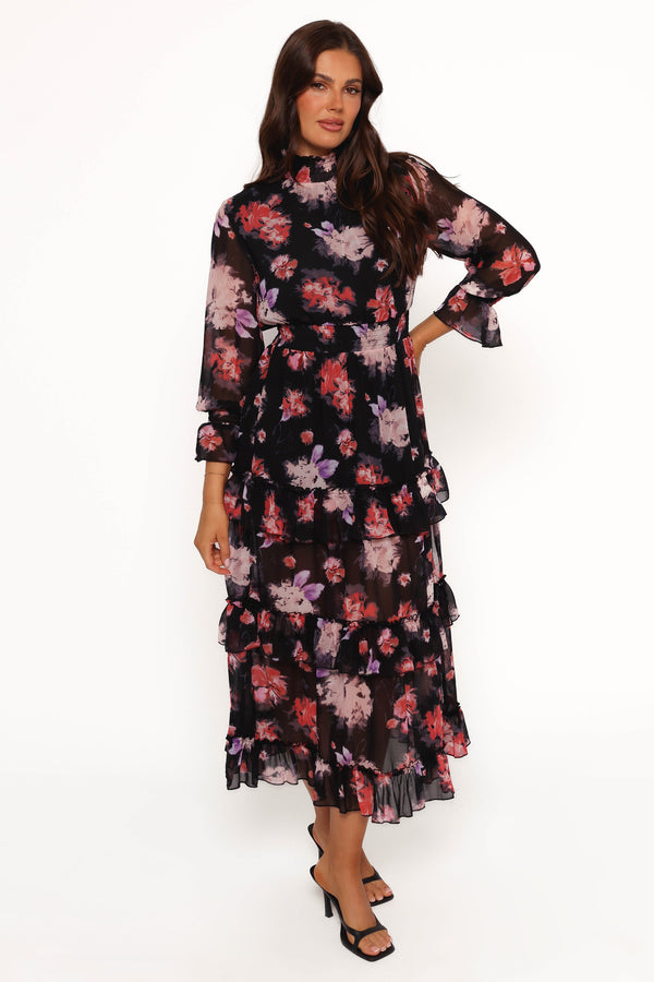 Isadora Long Sleeve Maxi Dress - Black Blurred Floral