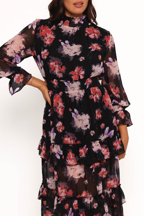 Isadora Long Sleeve Maxi Dress - Black Blurred Floral