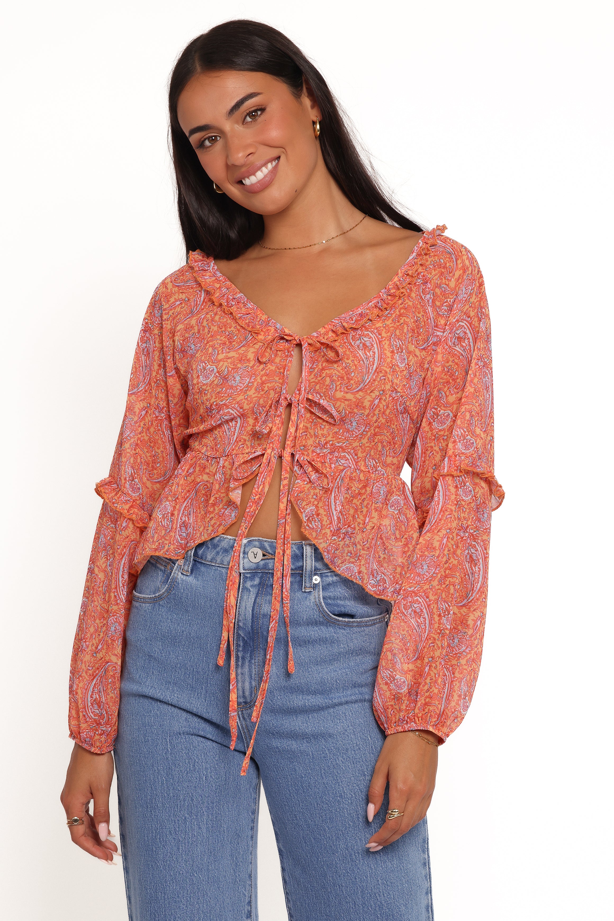 Isolt Tie Front Top - Orange Paisley