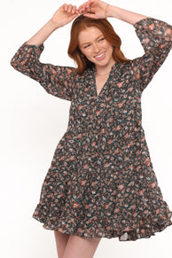Jinny Long Sleeve Mini Dress - Dark Green/Multi