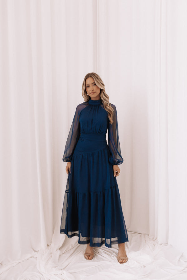 Julip Sheer Long Sleeve Maxi Dress - Navy