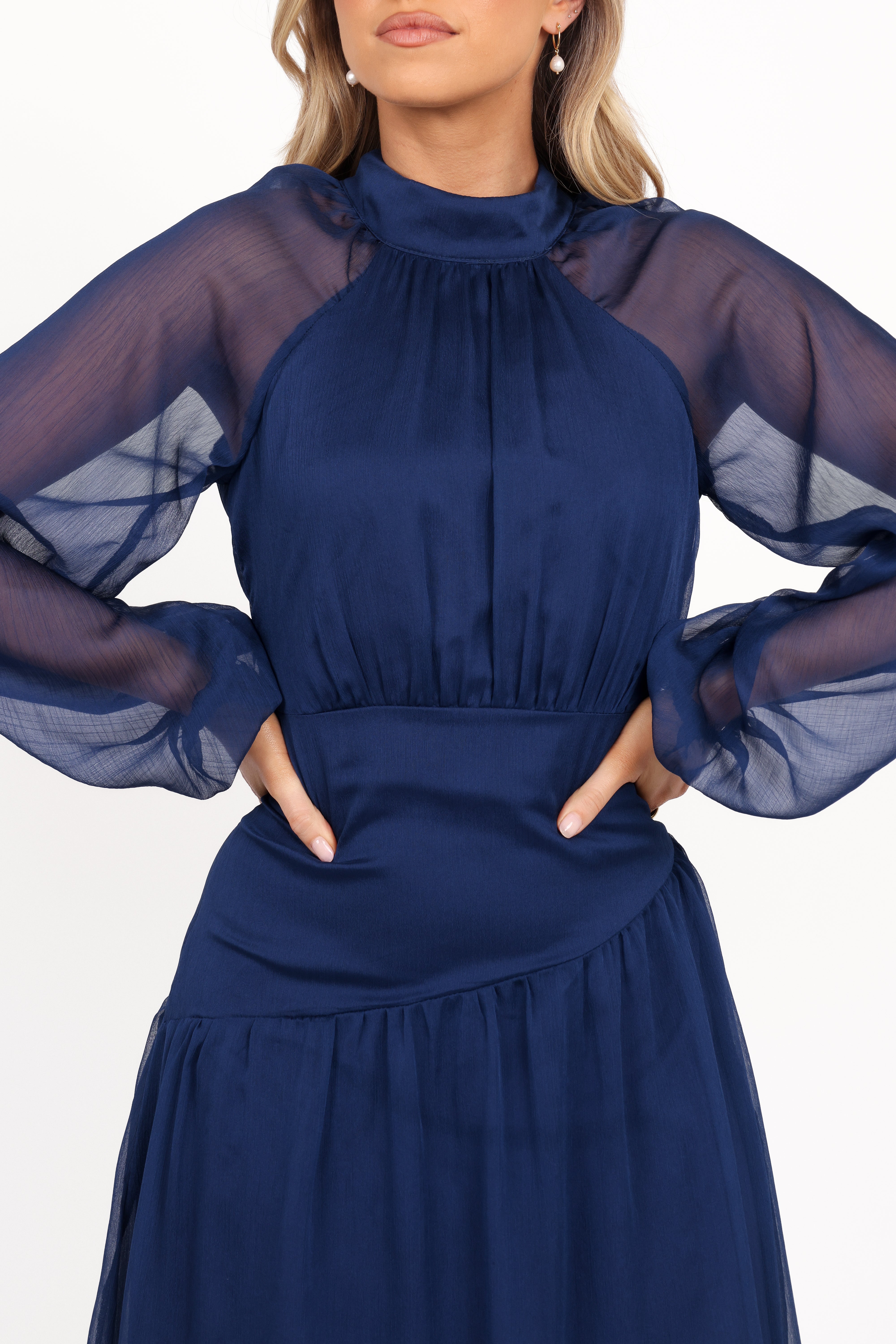 Julip Sheer Long Sleeve Maxi Dress Navy Petal Pup USA