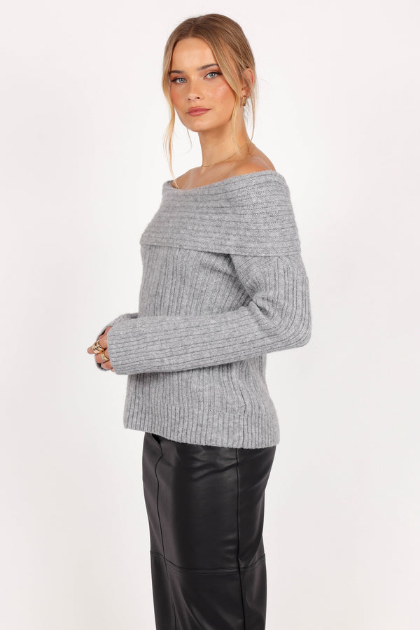 Kenny Off Shoulder Knit Sweater - Grey