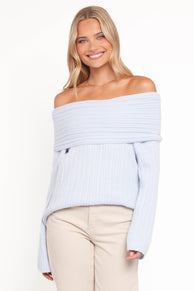 Kenny Off Shoulder Knit Sweater - Pale Blue