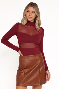 Kingsley Mesh Long Sleeve Bodysuit - Merlot