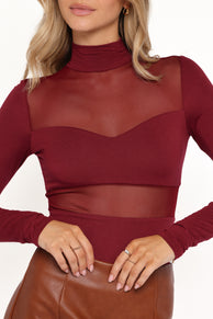 Kingsley Mesh Long Sleeve Bodysuit - Merlot