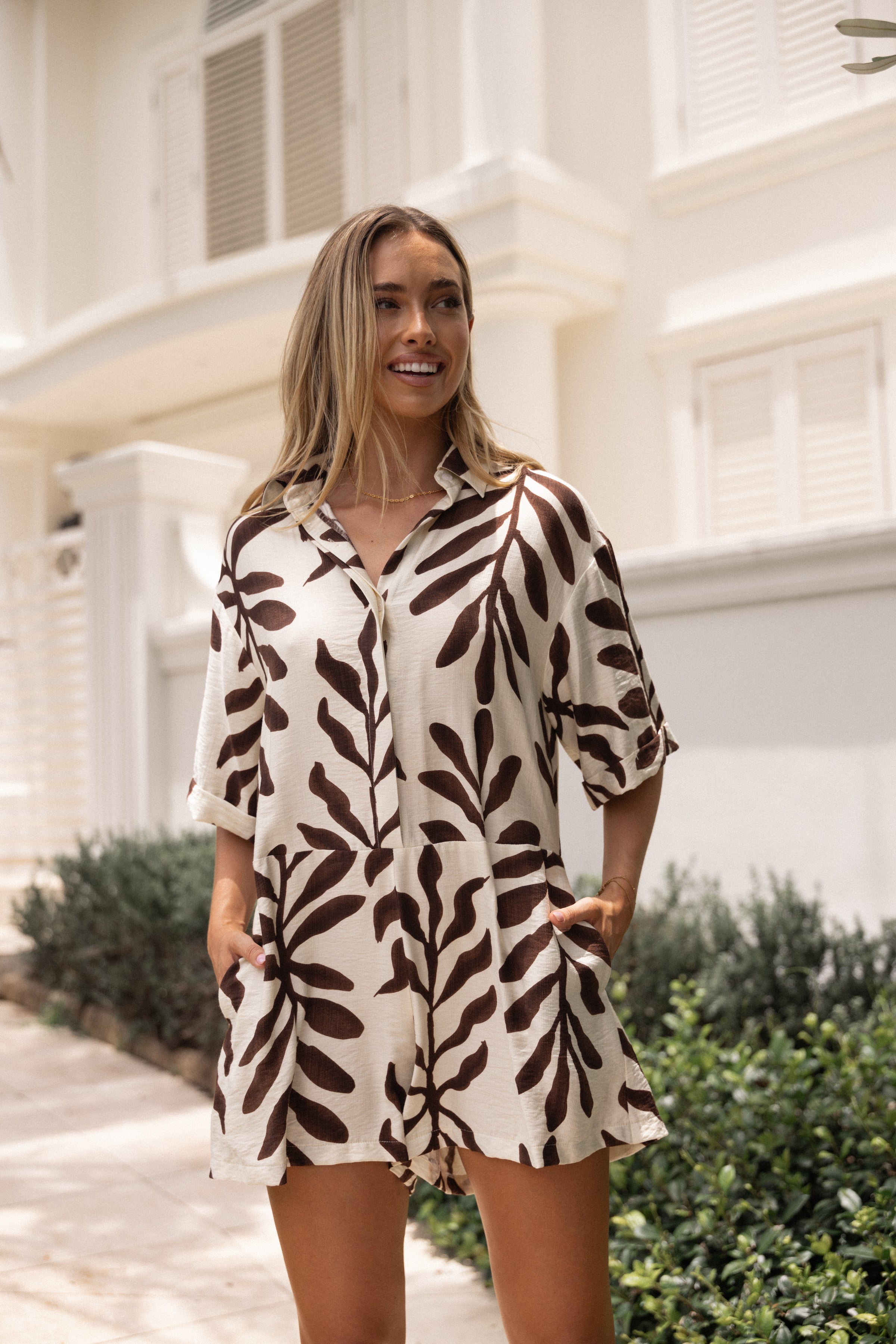 Kiya Drop Waist Romper - Brown Palm