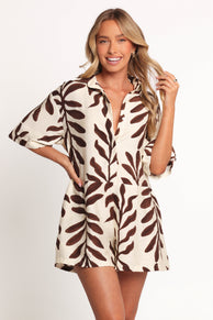 Kiya Drop Waist Romper - Brown Palm