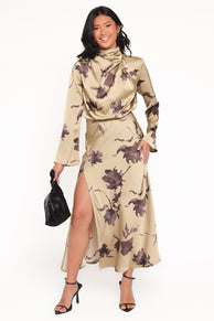 Kristyn Long Sleeve Midi Dress - Olive Floral