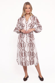 Lira Long Sleeve Midi Dress - Brown Print