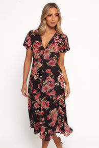 Logen Floral Midi Dress - Black Floral