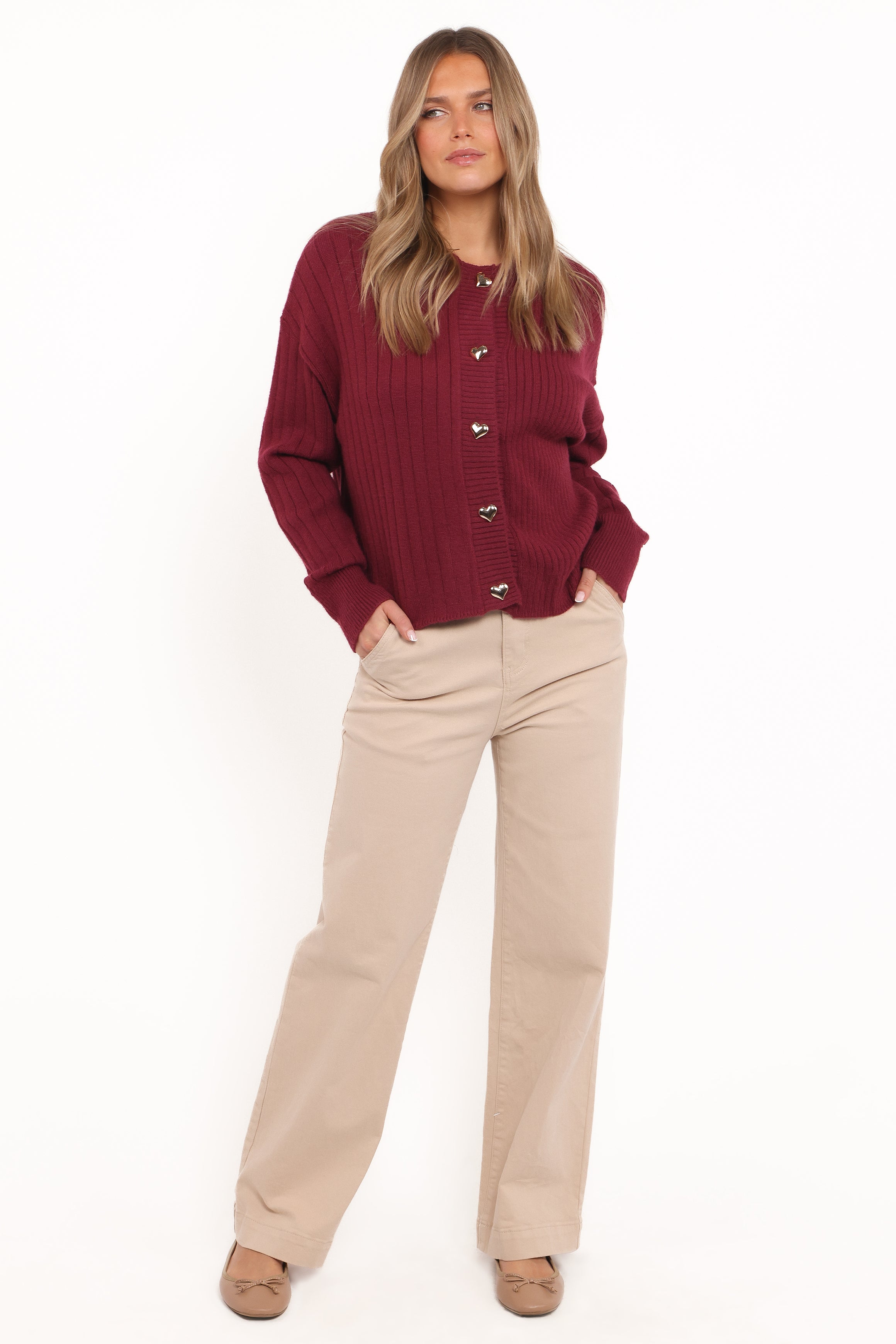 Loulani Heart Button Cardigan - Cherry