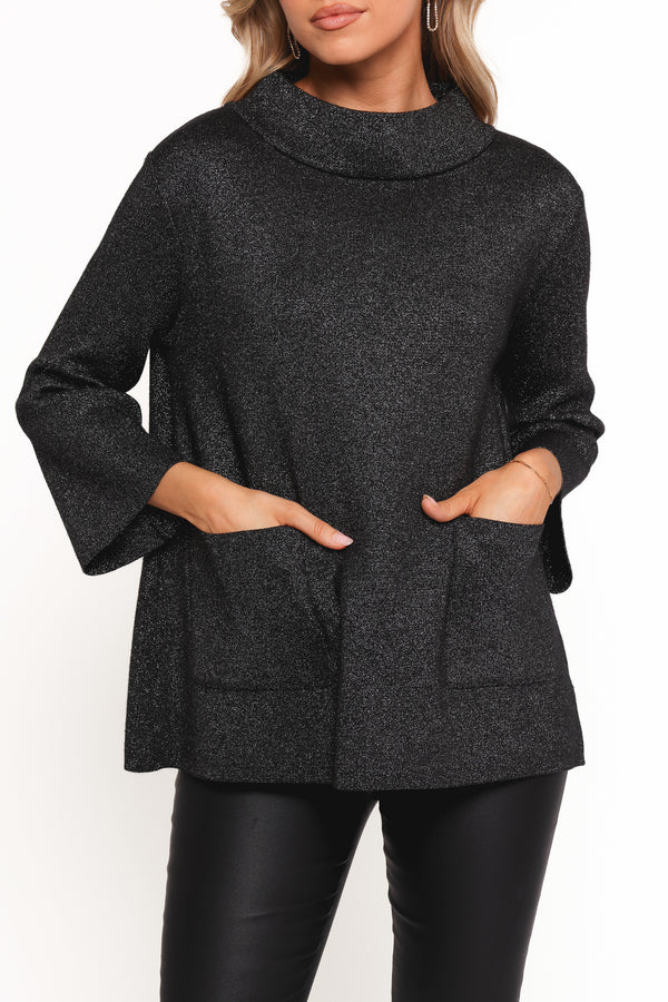 Tassie Cowlneck Lurex Shimmer Knit Sweater - Black