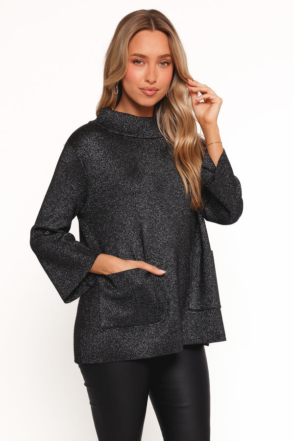 Tassie Cowlneck Lurex Shimmer Knit Sweater - Black