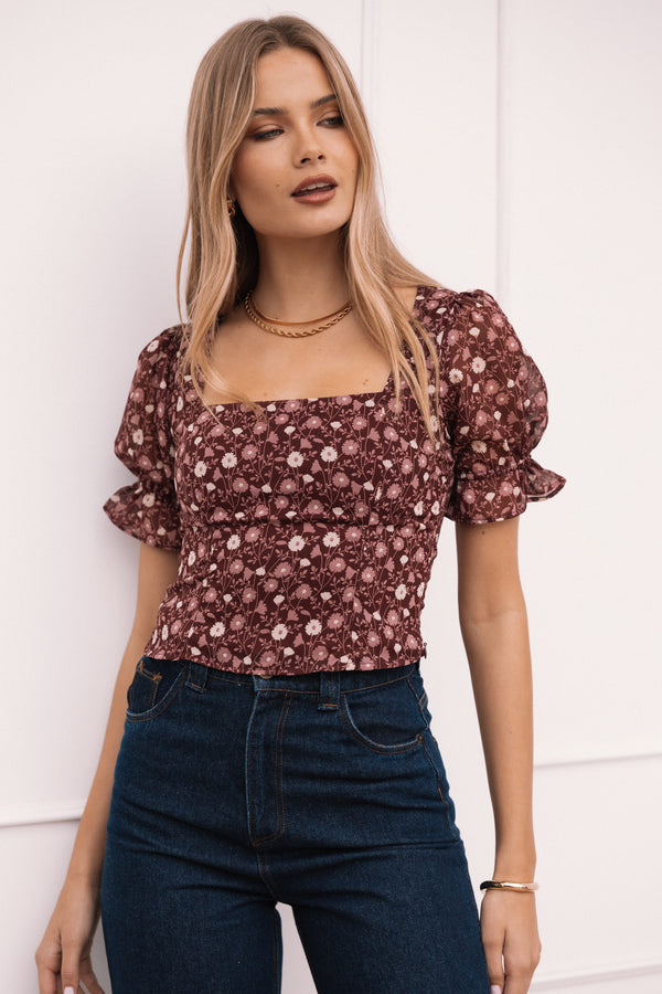 Lucie Top - Burgundy Multi