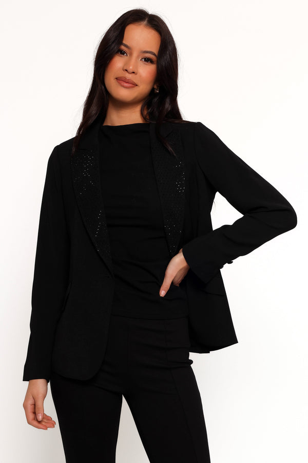 Luda Rhinestone Collar Single Button Blazer - Black