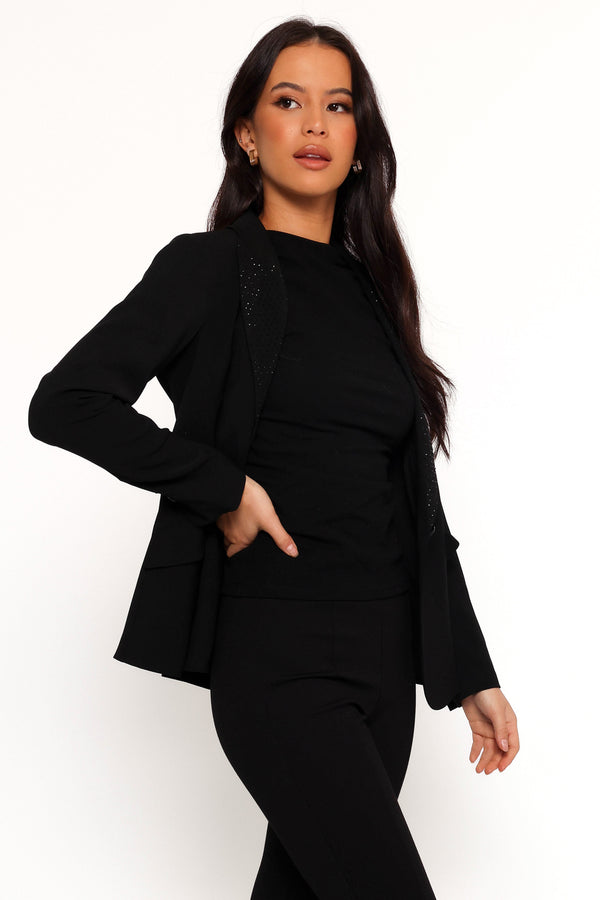 Luda Rhinestone Collar Single Button Blazer - Black