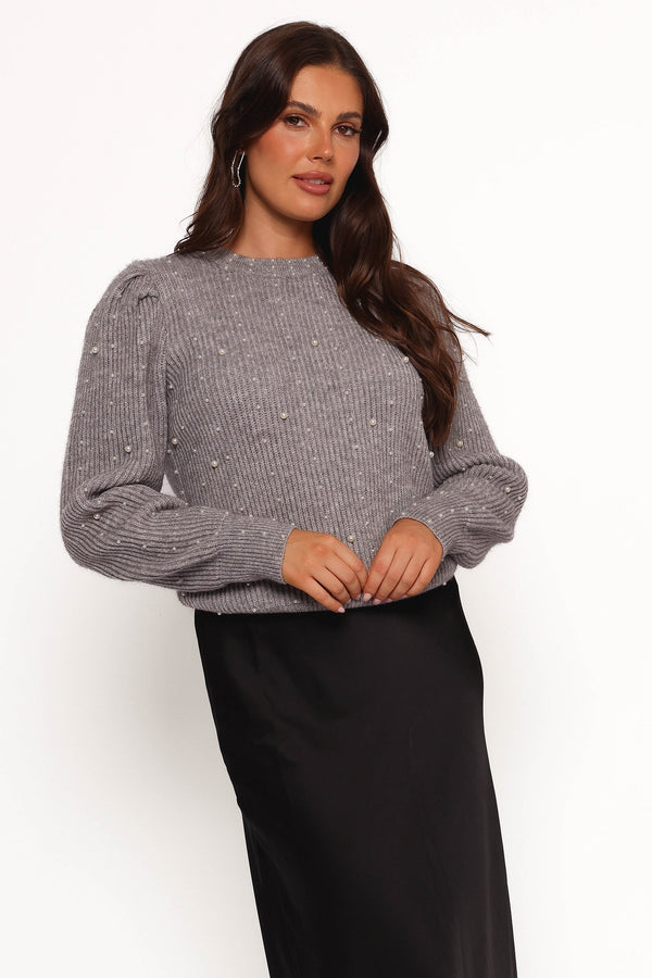 Makena Pearl Detail Knit Sweater - Heather Grey