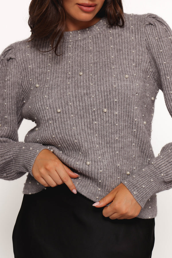 Makena Pearl Detail Knit Sweater - Heather Grey