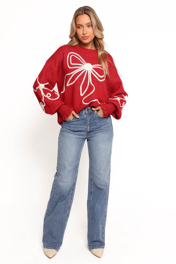 Mardi Large Bow Knit Sweater - Red/Cream