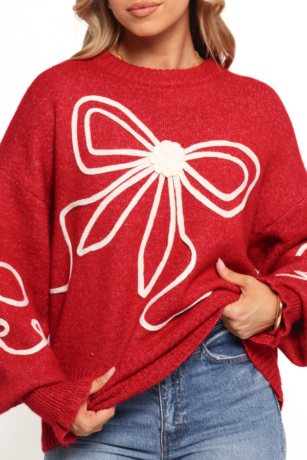 Mardi Large Bow Knit Sweater - Red/Cream