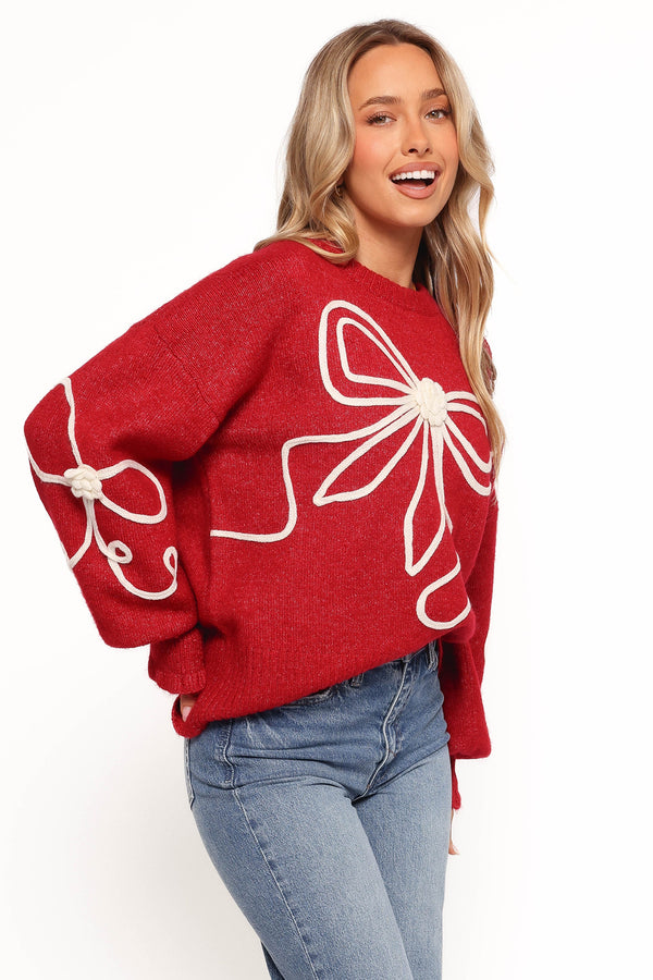 Mardi Large Bow Knit Sweater - Red/Cream