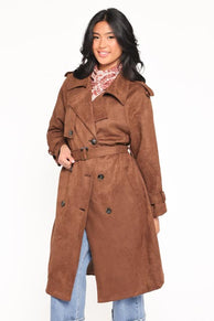 Micha Faux Suede Trench Coat - Brown