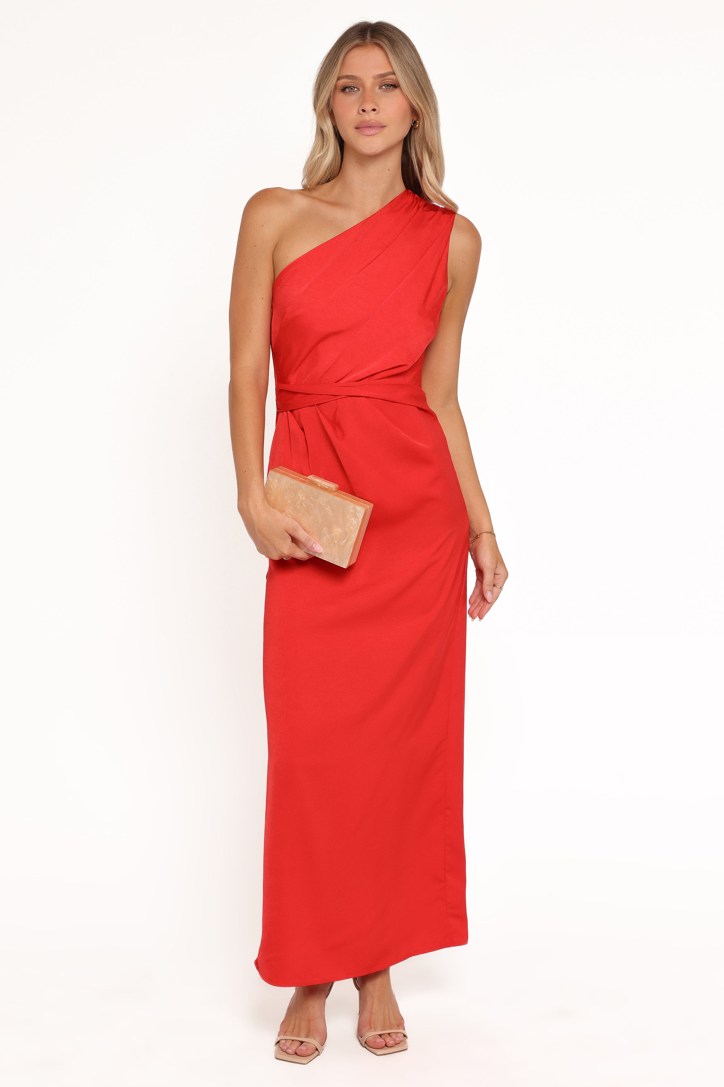 Nadia One Shoulder Maxi Dress - Red Jacquard Satin