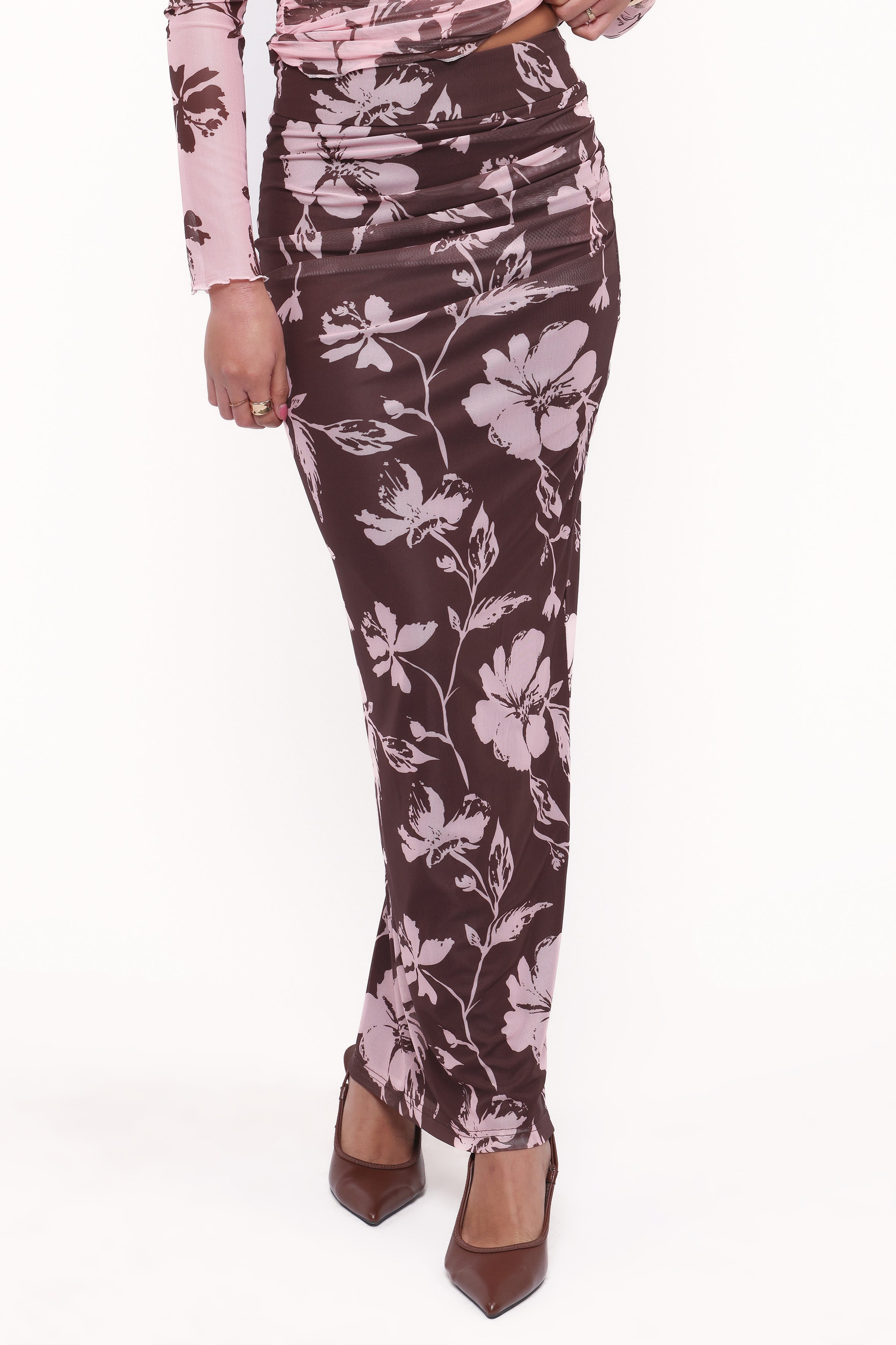 Navida Mesh Midi Skirt - Pink Brown Floral