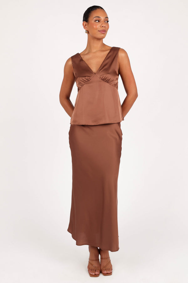 BOTTOMS @Nellie Satin Midi Skirt - Banksia Brown