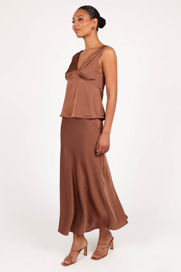 BOTTOMS @Nellie Satin Midi Skirt - Banksia Brown