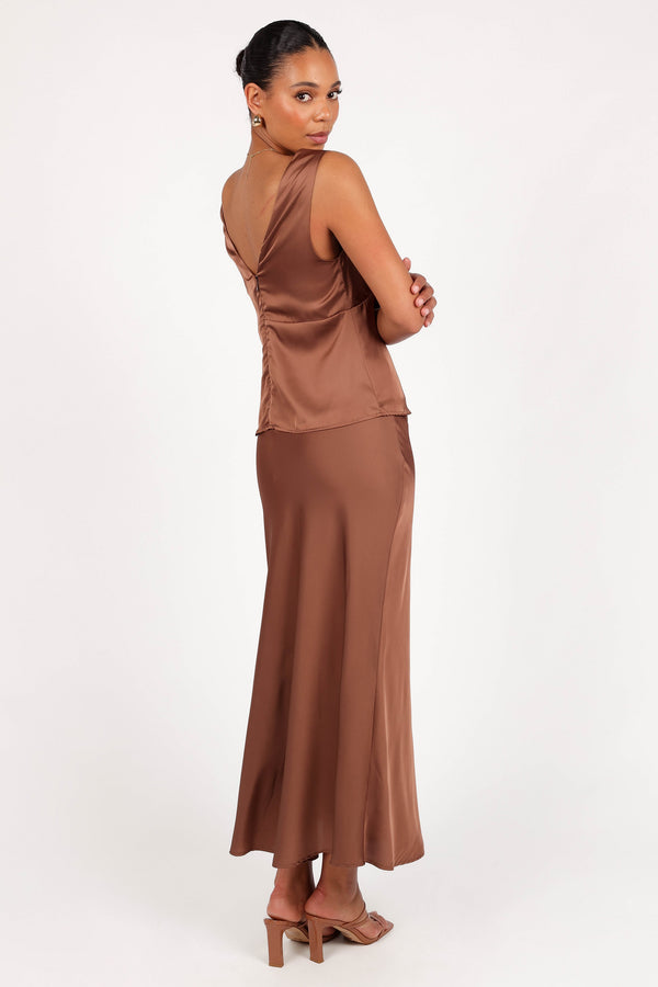 BOTTOMS @Nellie Satin Midi Skirt - Banksia Brown