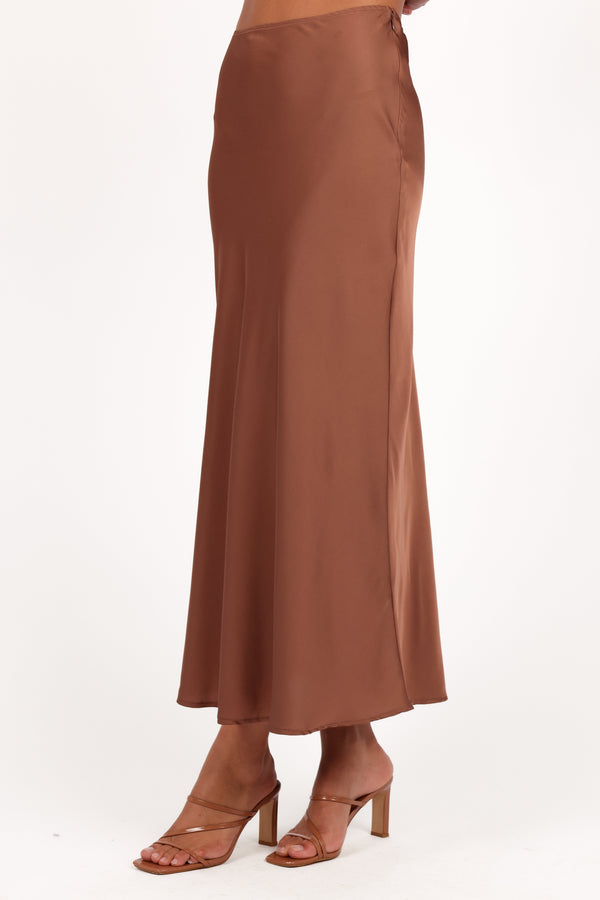 BOTTOMS @Nellie Satin Midi Skirt - Banksia Brown