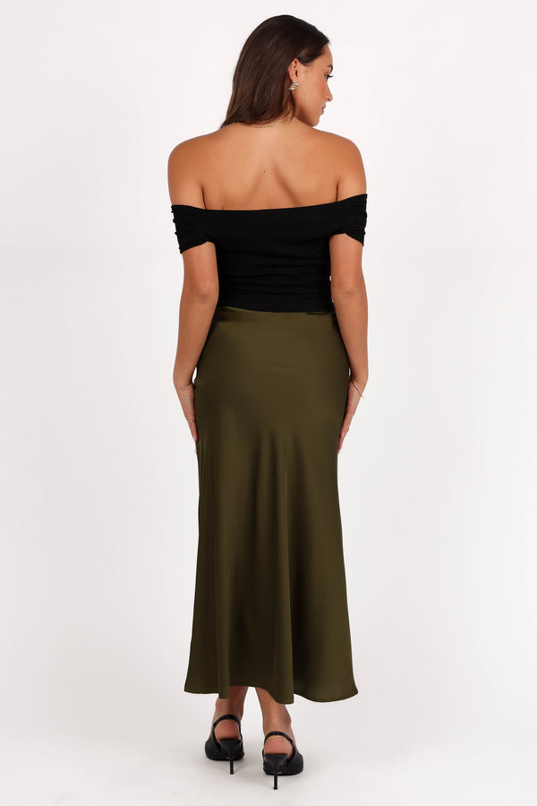 Nellie Satin Midi Skirt - Olive