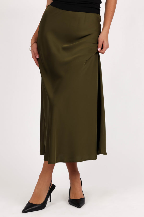 Nellie Satin Midi Skirt - Olive