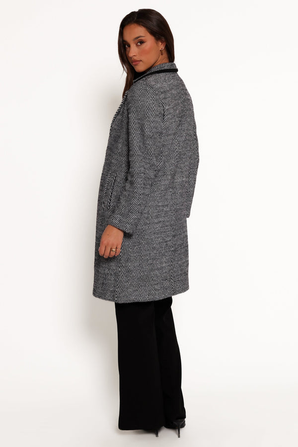 Nicoletta Single Button Herringbone Coat - Black