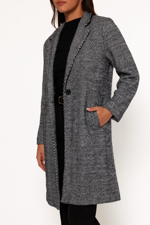 Nicoletta Single Button Herringbone Coat - Black