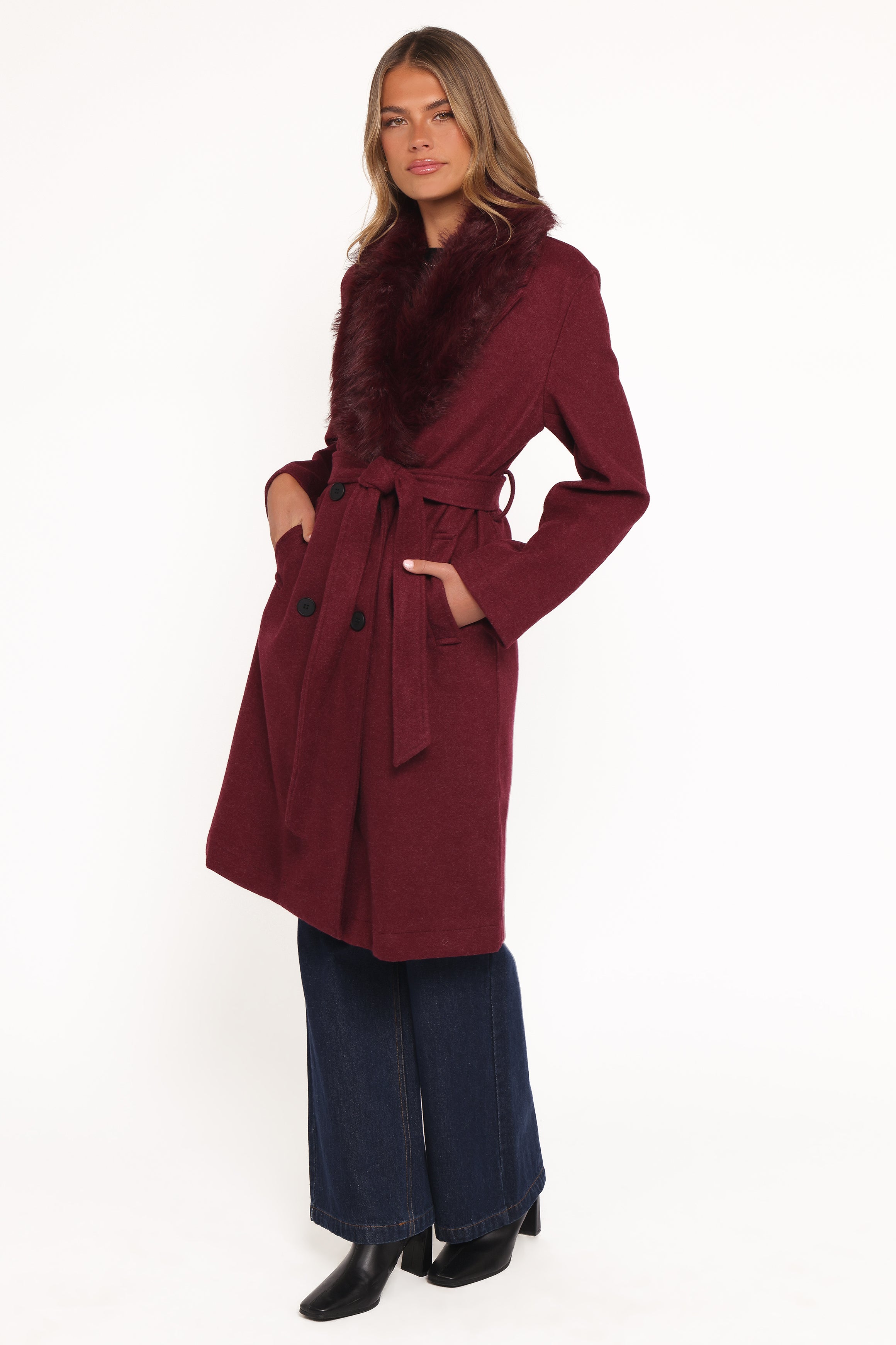 Nina Fur Collar Tie Waist Coat - Burgundy