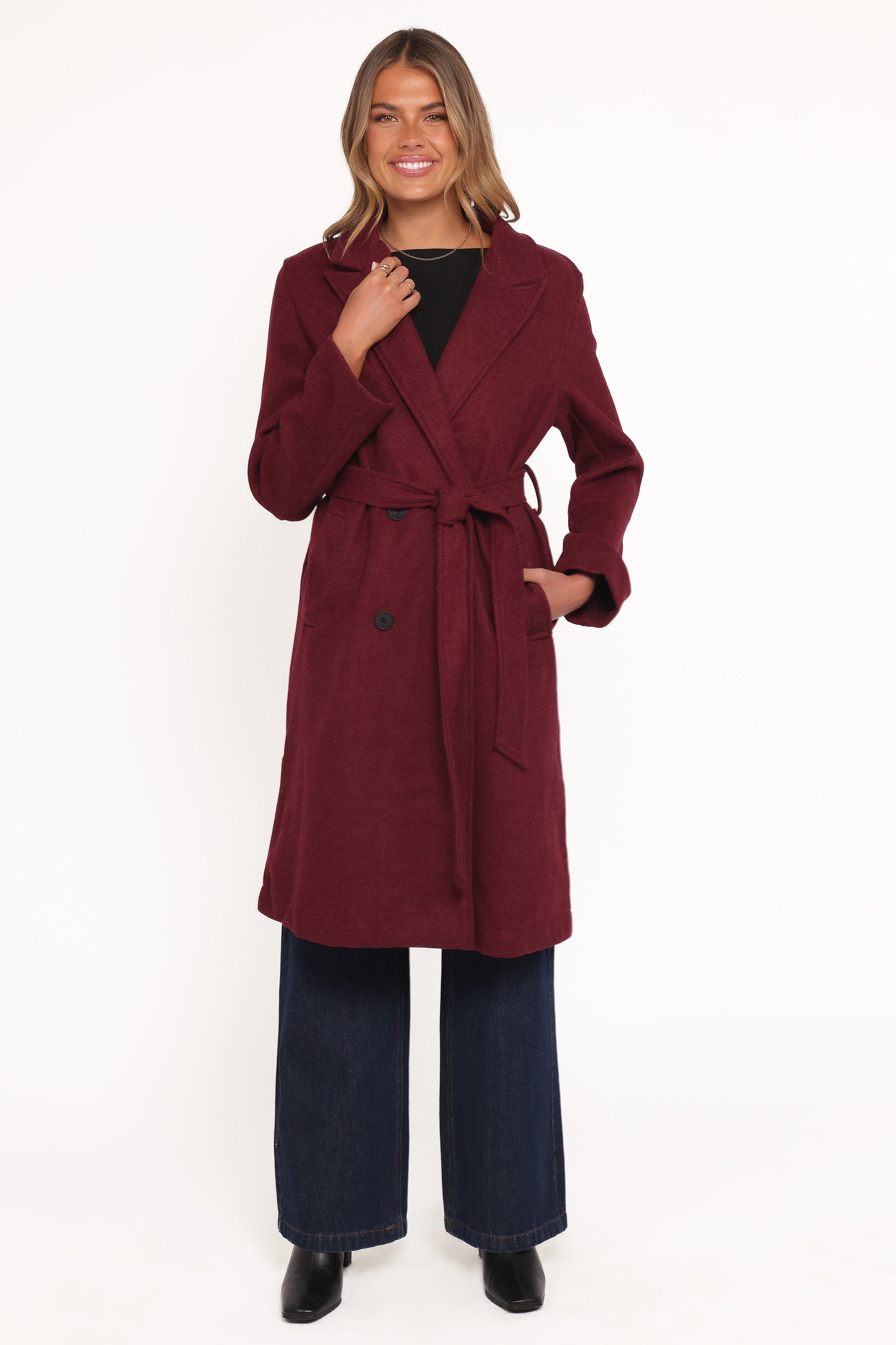 Nina Fur Collar Tie Waist Coat - Burgundy