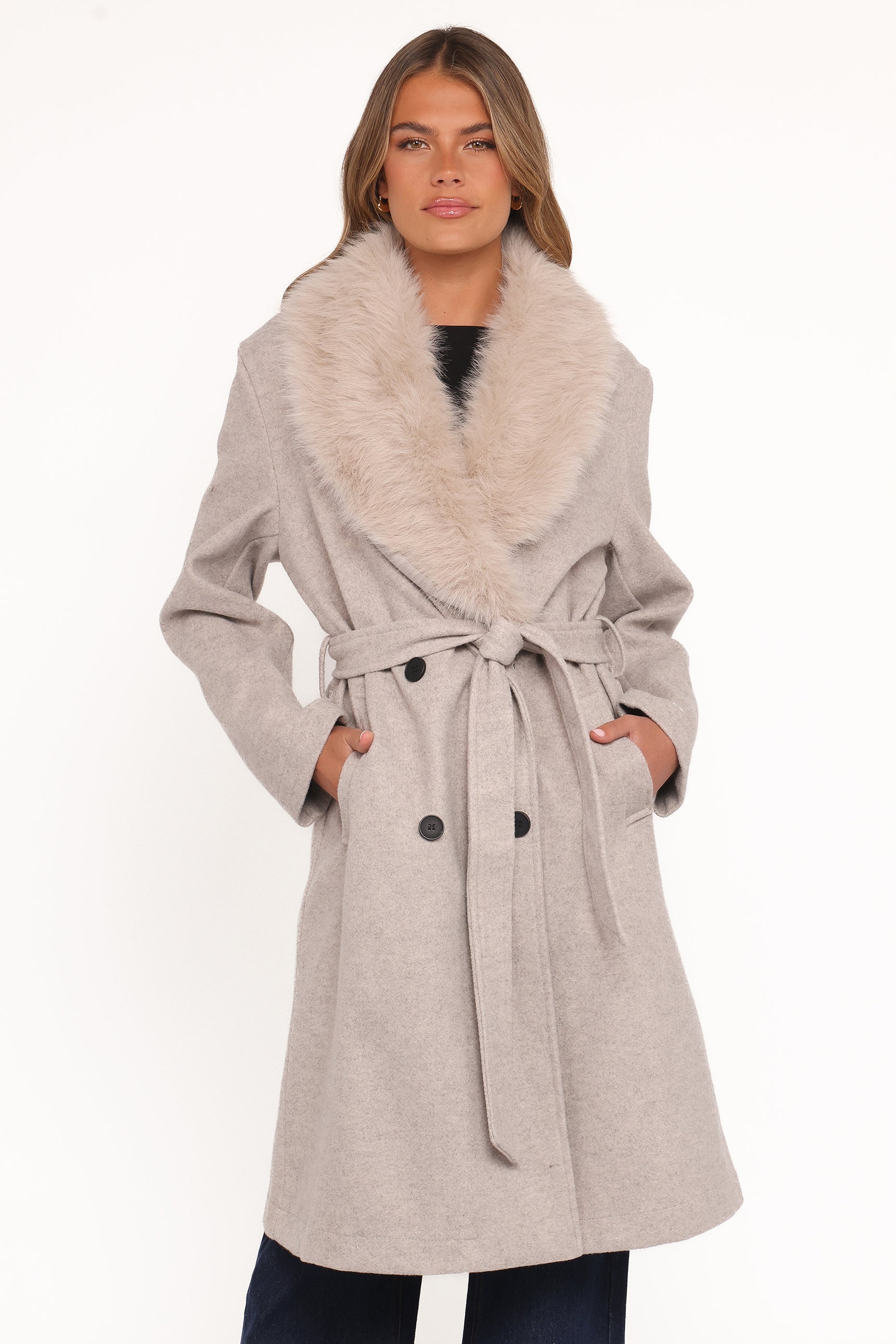 Nina Fur Collar Tie Waist Coat - Cream