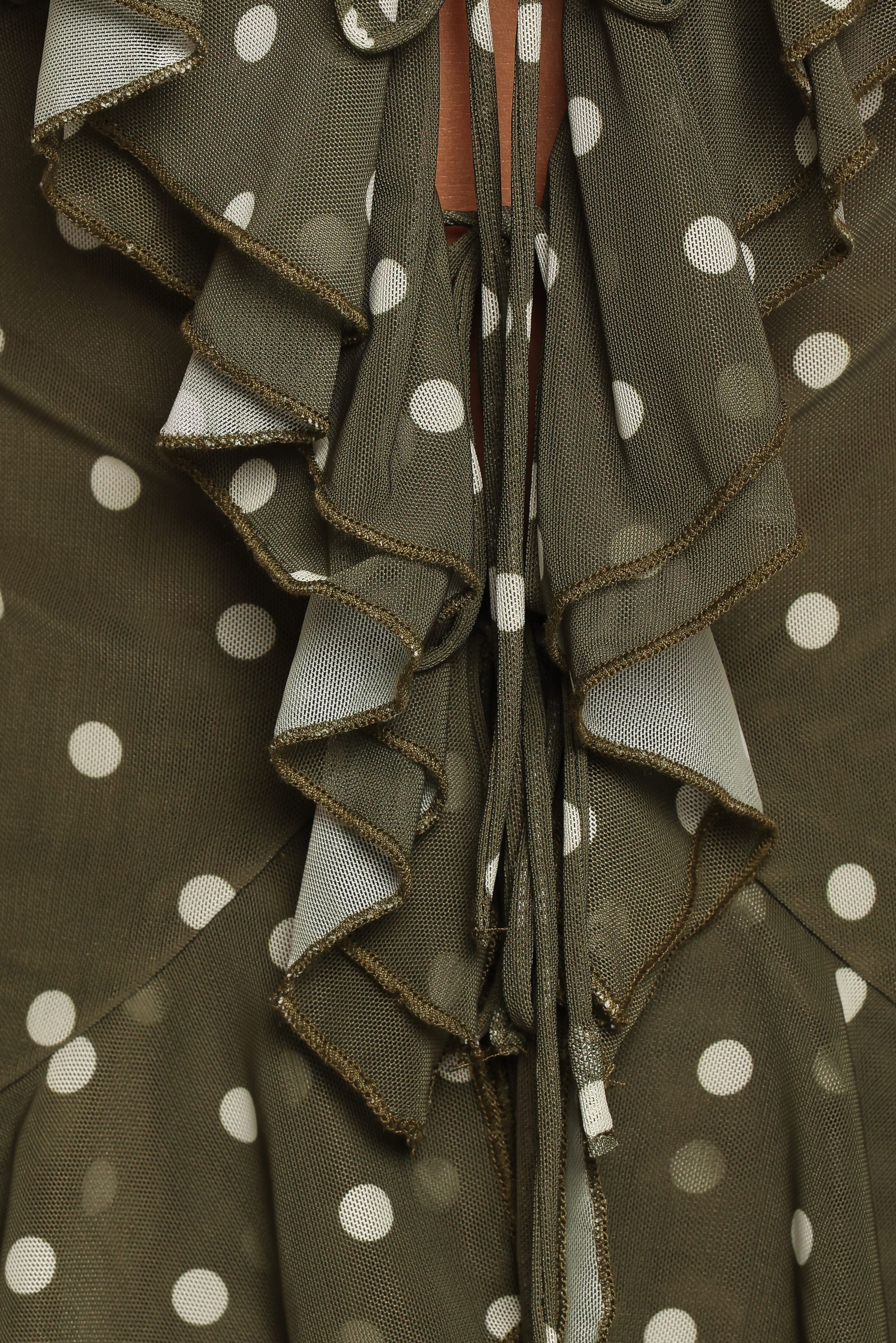 Orelia Ruffle Front Top - Olive Green Polka Dot
