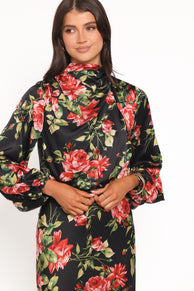 Perrie Long Sleeve Midi Dress - Black Floral