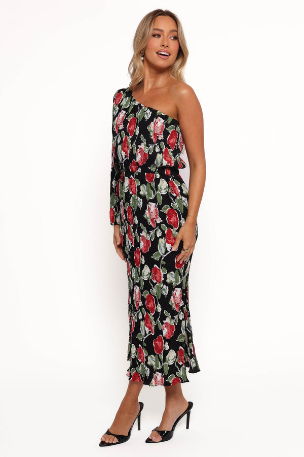 Pontee One Shoulder Pleated Midi Dress - Black Rose Print