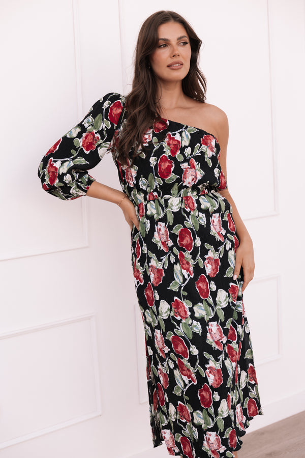 Pontee One Shoulder Pleated Midi Dress - Black Rose Print