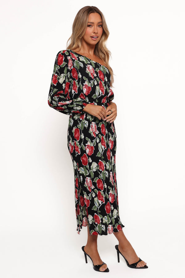 Pontee One Shoulder Pleated Midi Dress - Black Rose Print