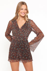 Rhiannon Long Sleeve Romper - Brown Floral