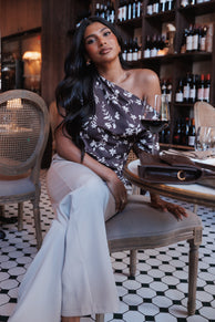 Romola Off Shoulder Top - Brown Cream Floral