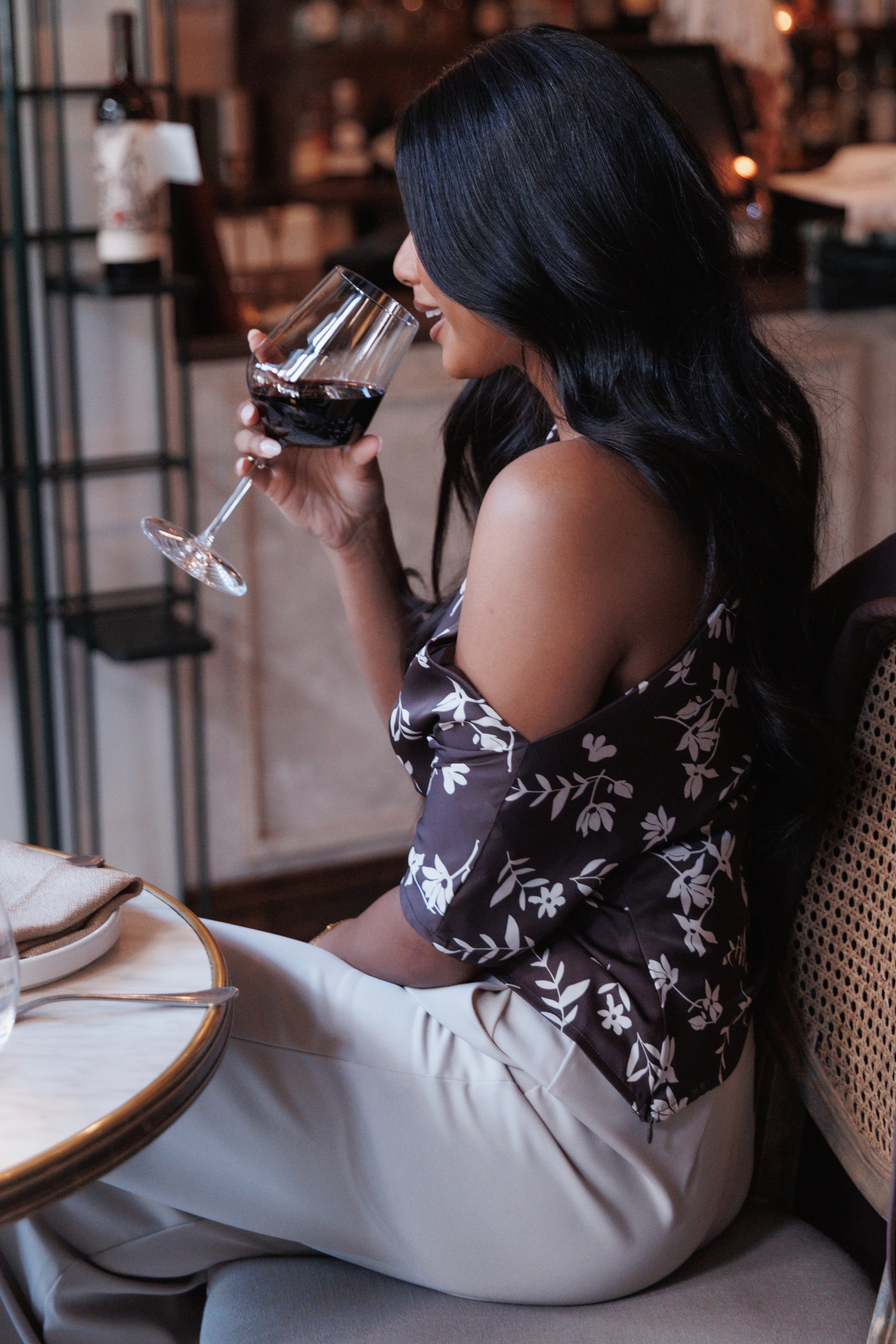 Romola Off Shoulder Top - Brown Cream Floral